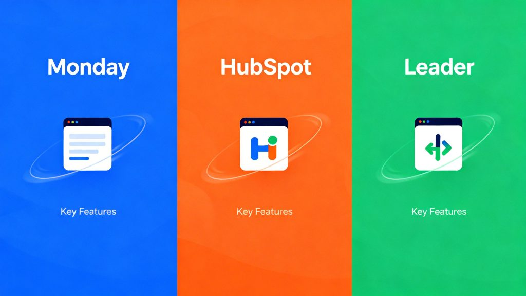 A dynamic illustration comparing three different CRM platforms, Monday, HubSpot, and Leader, on a split screen.