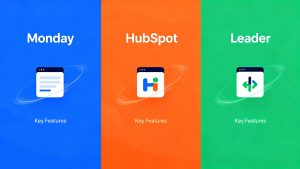 A dynamic illustration comparing three different CRM platforms, Monday, HubSpot, and Leader, on a split screen.