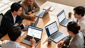 A business team collaborating around a table, comparing different CRM software options on their laptops