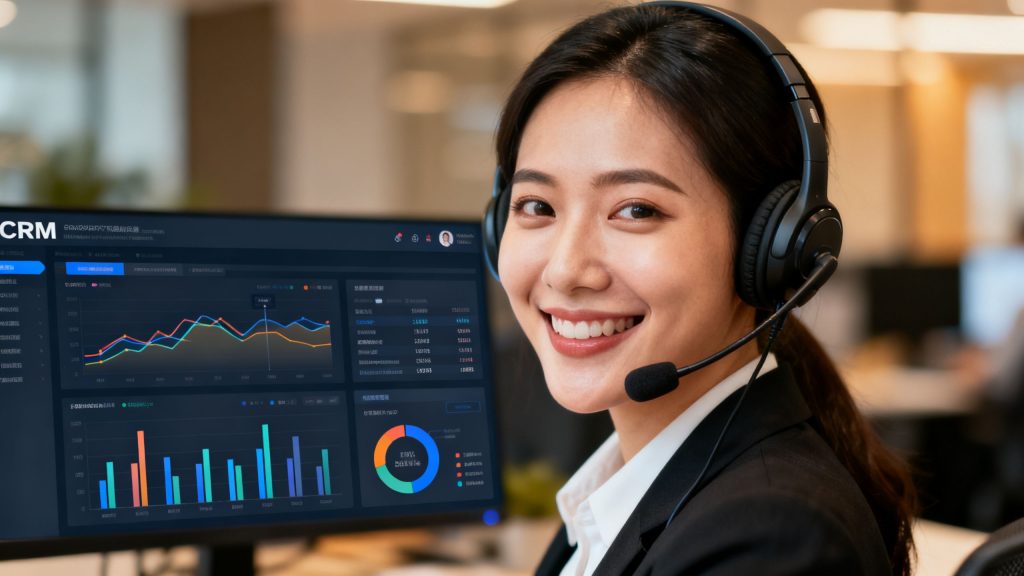A sales professional wearing a headset smiles while on a call, with a CRM dashboard visible on their computer screen in the background.