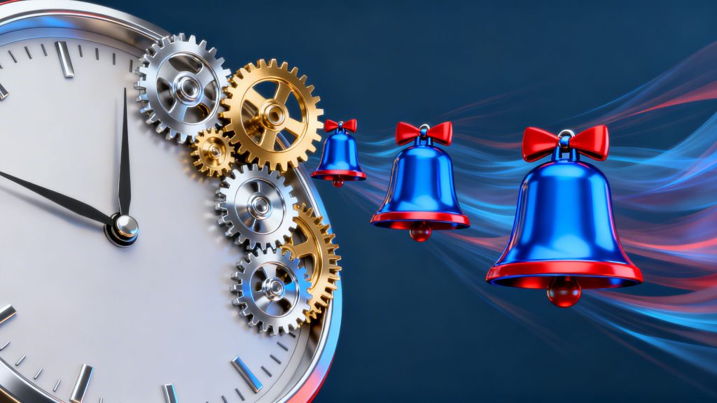 An abstract illustration of a clock with gears turning into automated notification bells, symbolizing the automation of sales reminders.