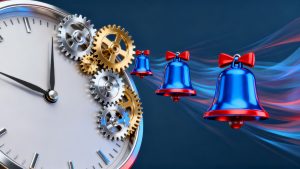 An abstract illustration of a clock with gears turning into automated notification bells, symbolizing the automation of sales reminders.