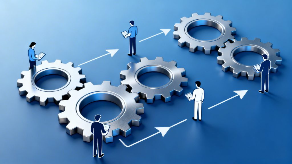 Auto service CRM. Conceptual illustration of a streamlined auto service workflow with gears and customer icons