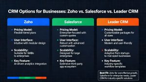 A clear visual comparison of Zoho, Salesforce, and Leader CRM options for businesses.