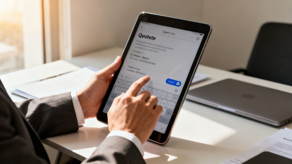 A business professional quickly sending a digital quote from a tablet to a client.