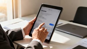 A business professional quickly sending a digital quote from a tablet to a client.