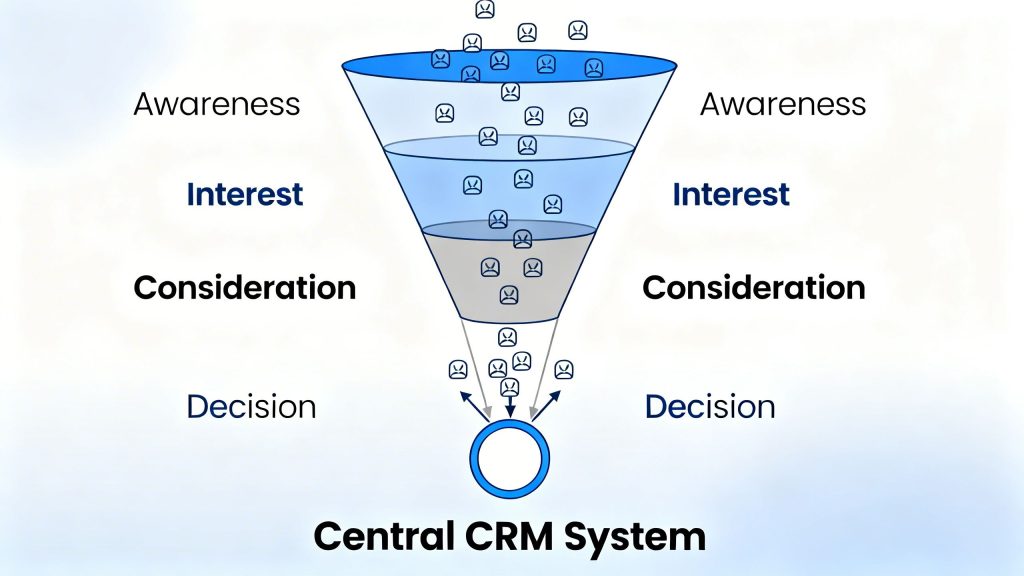 A conceptual illustration of a sales funnel with leads flowing into a central CRM system, representing an effective lead capture crm process.