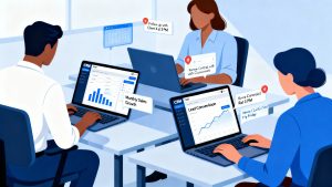 Illustration of a sales team automating repetitive tasks using CRM tools with charts and reminders visible.
