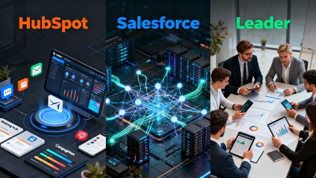A split image showing three distinct concepts: a marketing hub, a complex data network, and a focused sales team, representing HubSpot vs Salesforce vs Leader.