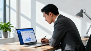 رائد أعمال محترف يحلل لوحة معلومات CRM على جهاز كمبيوتر محمول في مكتب حديث