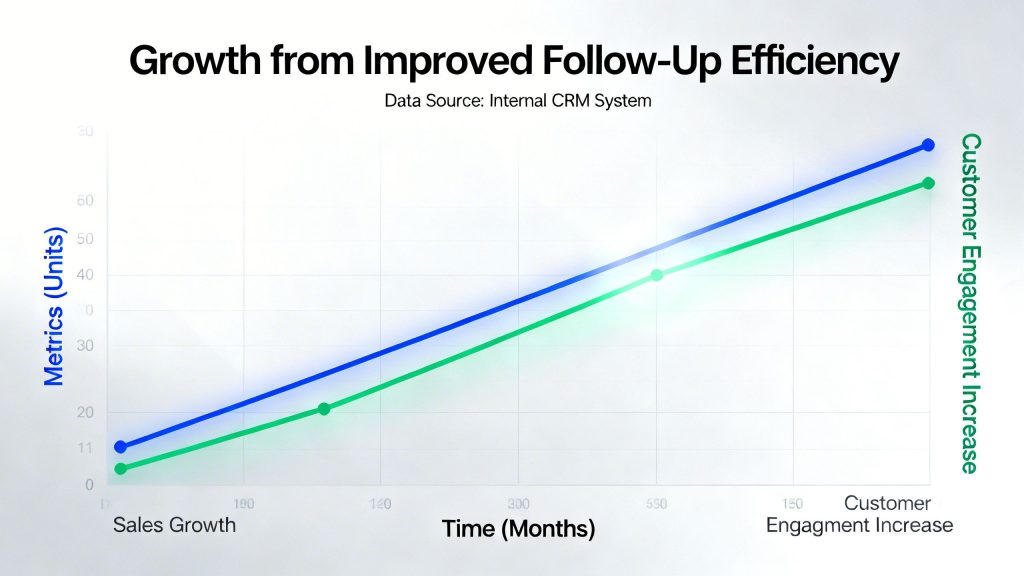 A dynamic chart showing upward trends in sales and customer engagement, symbolizing growth from improved follow-up efficiency.