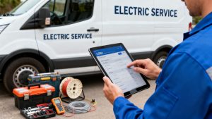 An electrician using a tablet to manage client jobs with a CRM, with a clean van and equipment in the background.