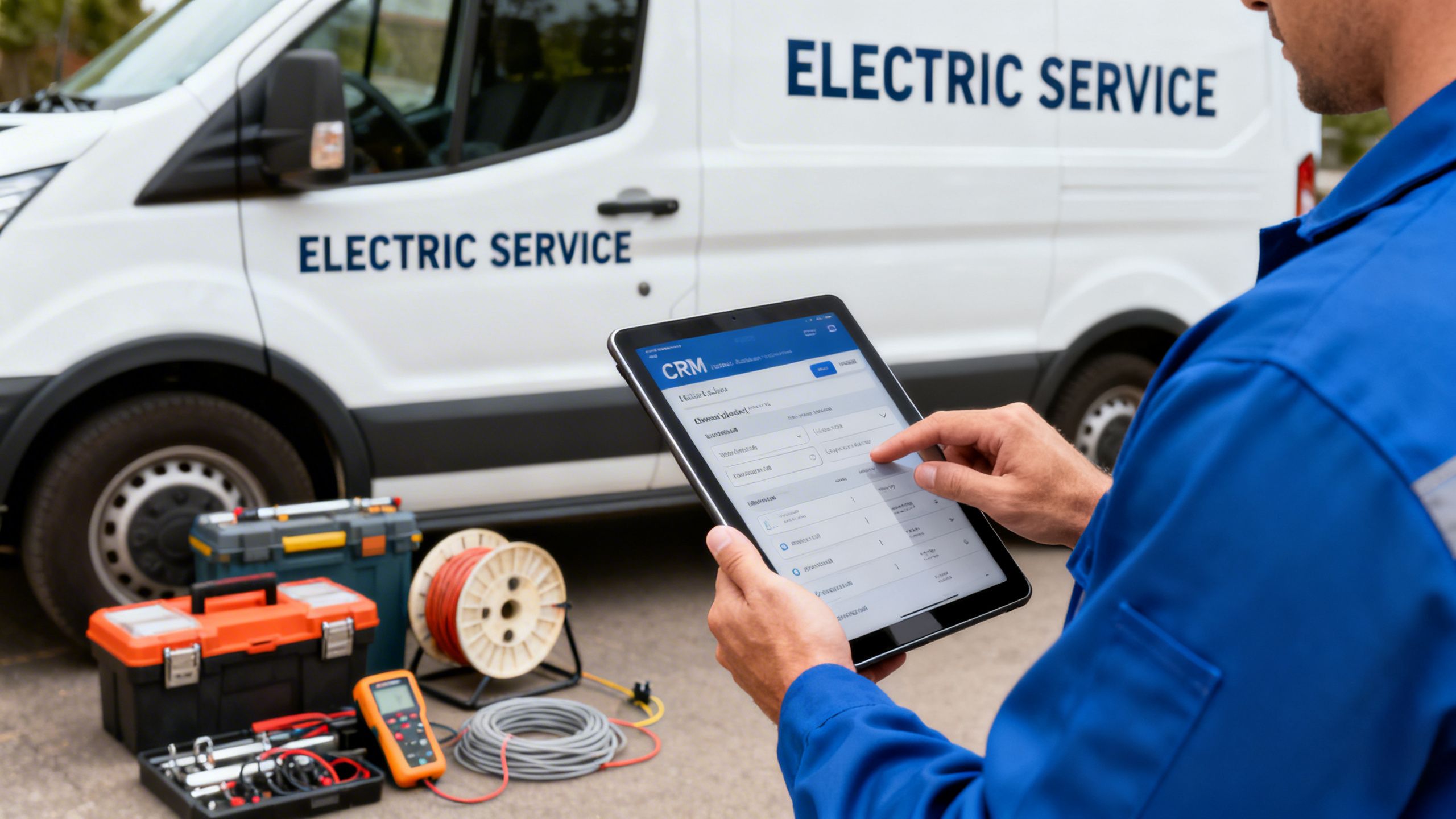 An electrician using a tablet to manage client jobs with a CRM, with a clean van and equipment in the background.