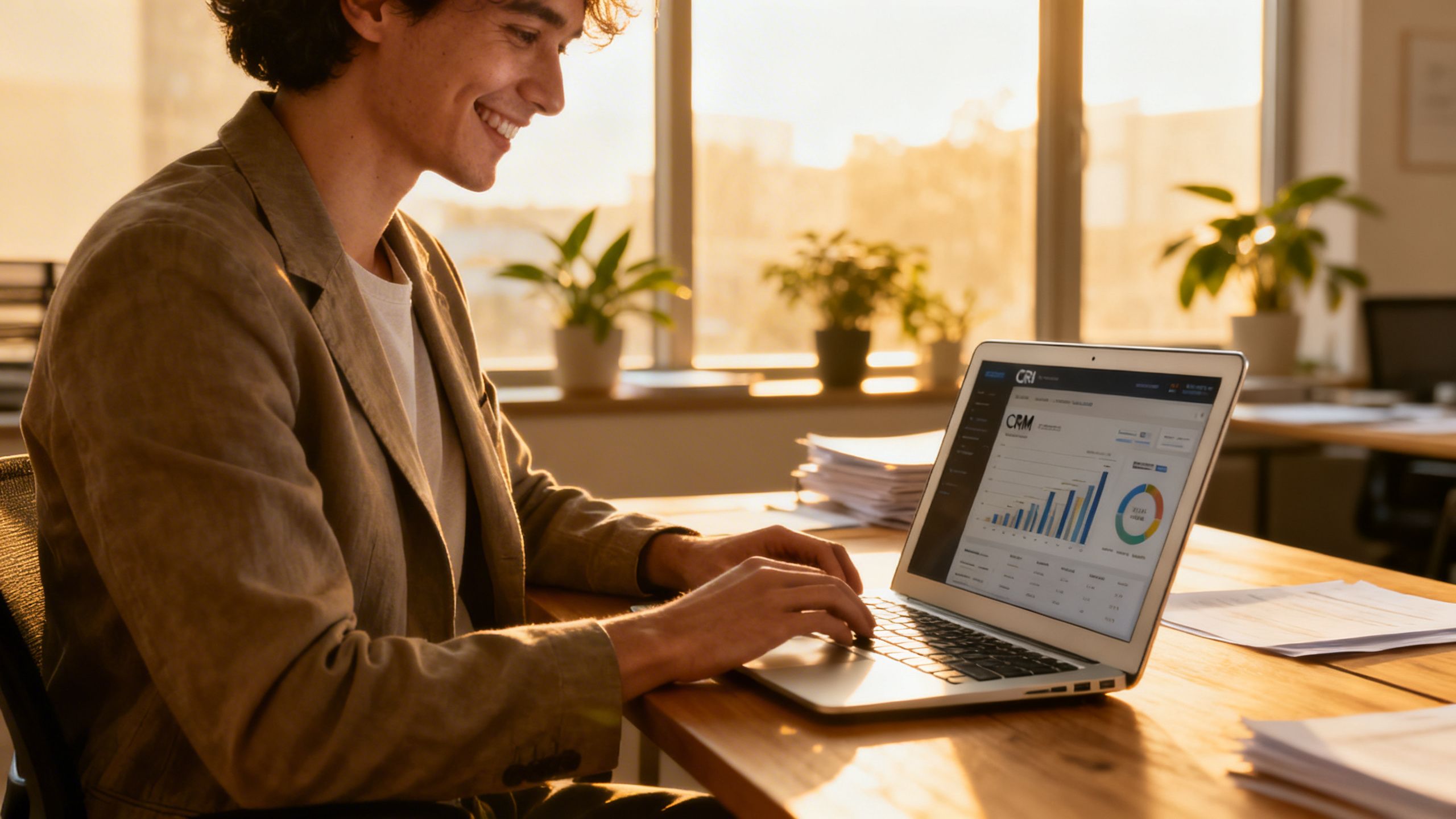 Um pequeno empresário sorrindo enquanto usa um CRM em um laptop em um escritório moderno