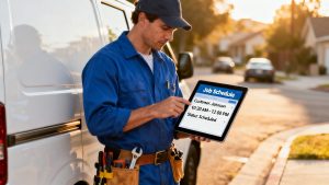 A professional plumber organizing job schedules on a tablet, representing the efficiency of a plumber crm.