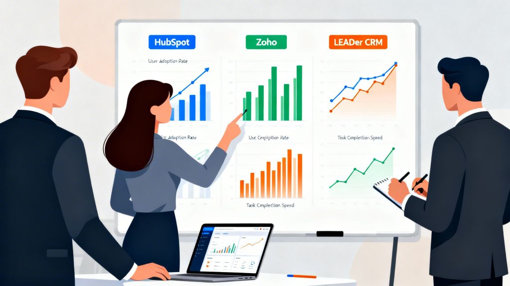 Conceptual illustration showing professionals comparing HubSpot, Zoho, and LEADer CRM efficiency using charts and teamwork visuals.