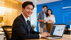 A professional mortgage broker smiling while using a CRM on a laptop, with a happy client couple in the background, conveying success and efficiency.