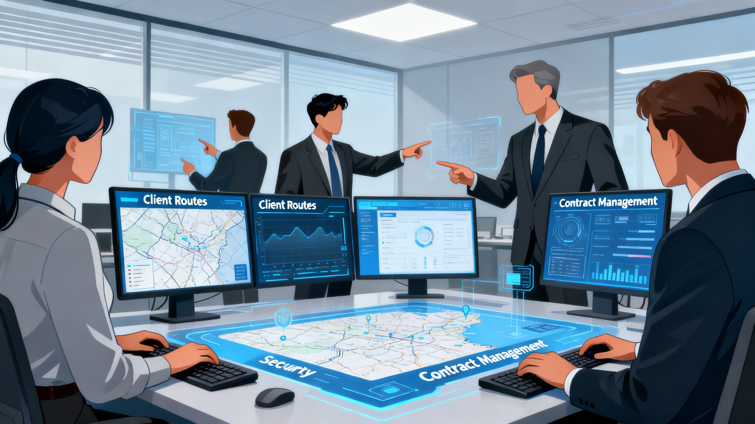 A professional security team collaborating over a digital interface, planning client routes and managing contracts with a security company crm.