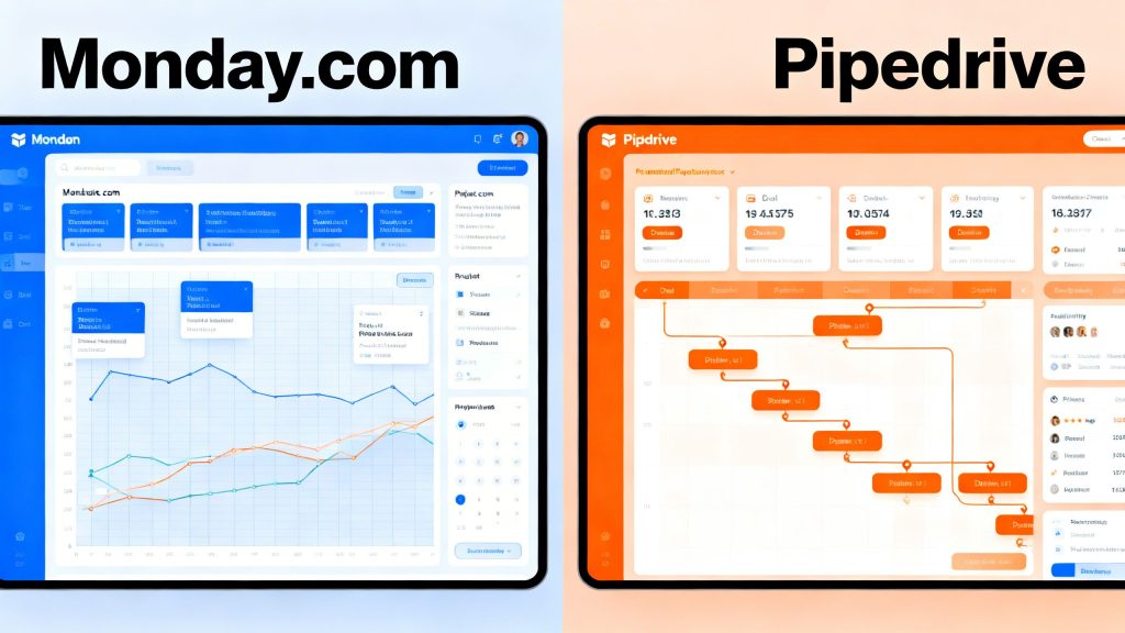 A split screen showing two different user interface styles, representing a CRM comparison between Monday.com and Pipedrive.