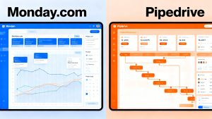 A split screen showing two different user interface styles, representing a CRM comparison between Monday.com and Pipedrive.