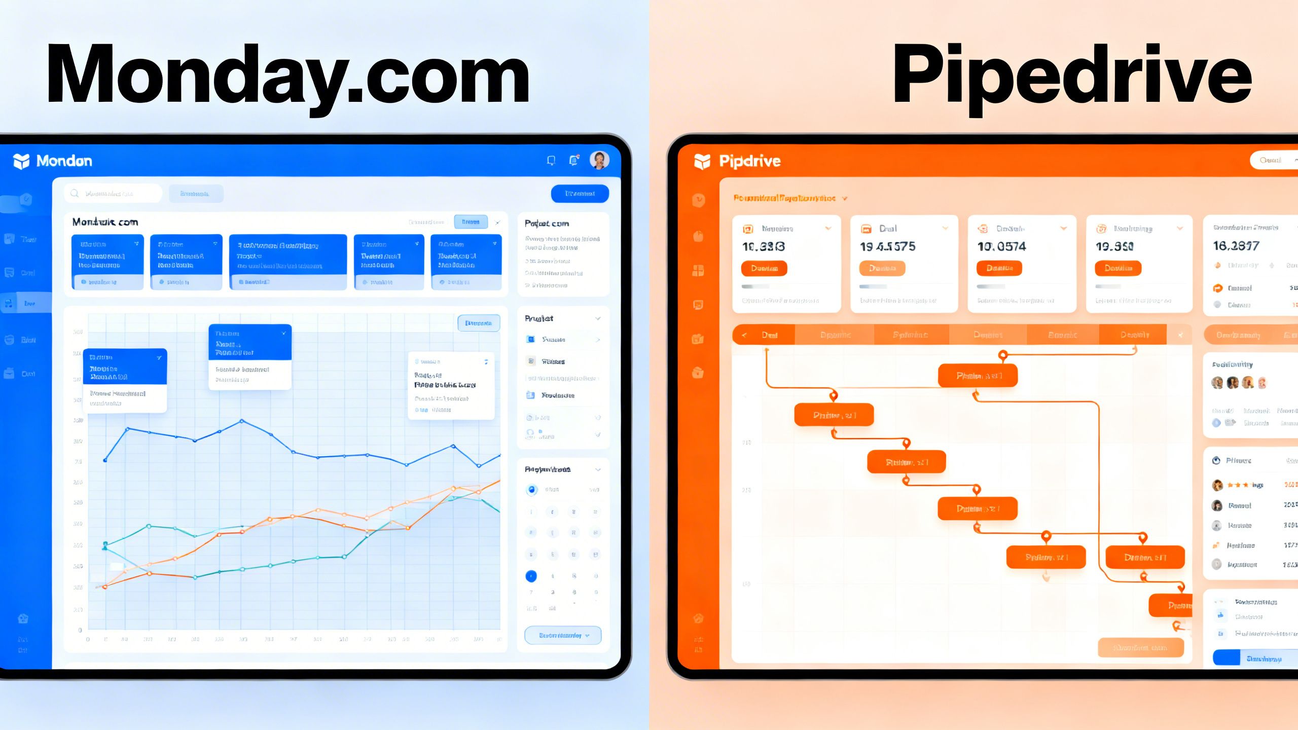 A split screen showing two different user interface styles, representing a CRM comparison between Monday.com and Pipedrive.