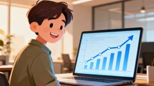 A small business owner smiling while looking at a graph showing business growth, representing the benefits of using a small business lead software.