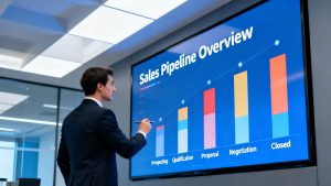 A business professional analyzing a sales pipeline chart on a large digital screen, symbolizing improved CRM for pipeline visibility.