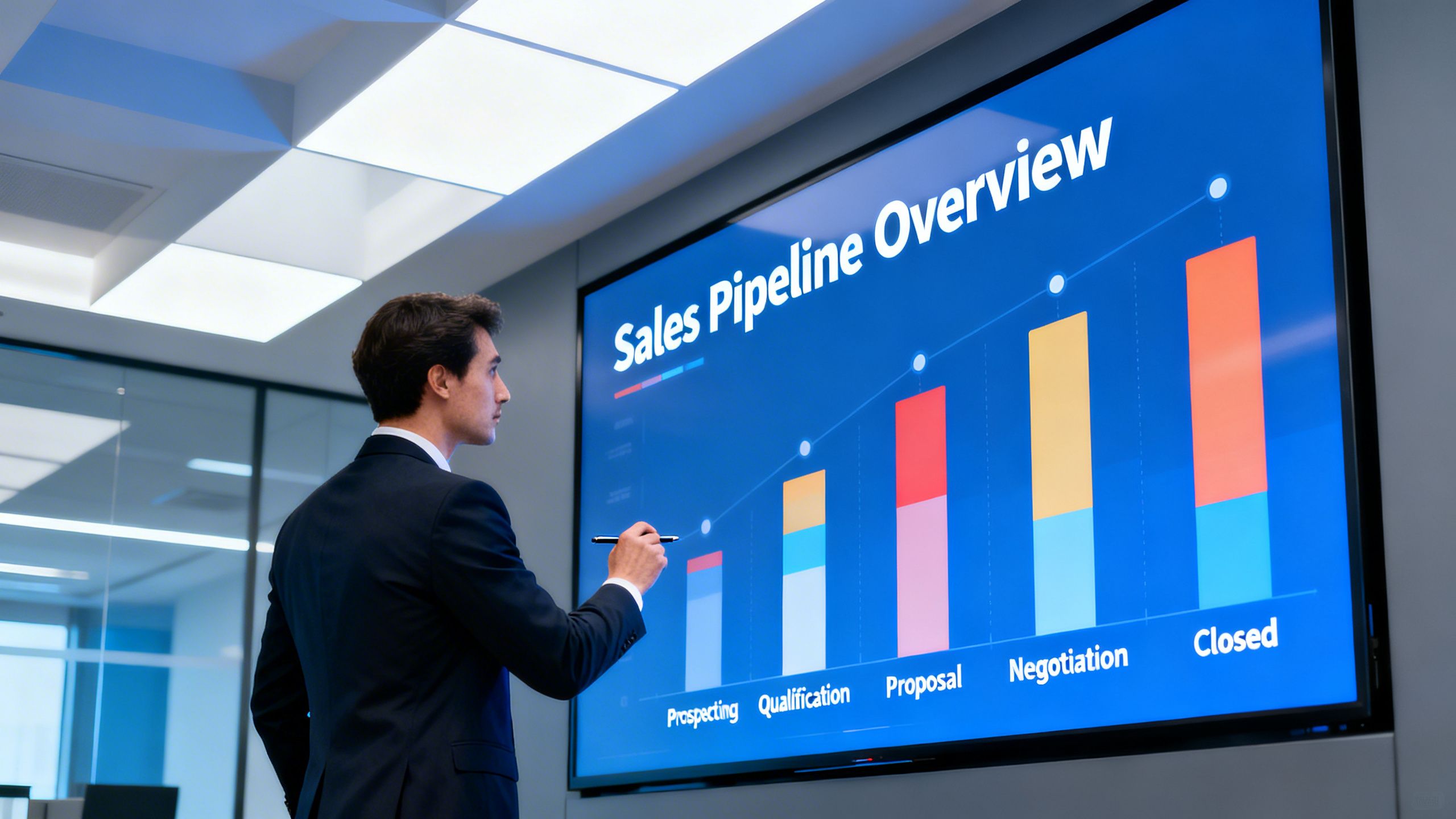 A business professional analyzing a sales pipeline chart on a large digital screen, symbolizing improved CRM for pipeline visibility.