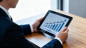 A consultant reviewing a business growth chart on a tablet, symbolizing the importance of CRM for strategic planning.