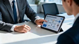 A business professional analyzing a workflow automation chart on a digital tablet