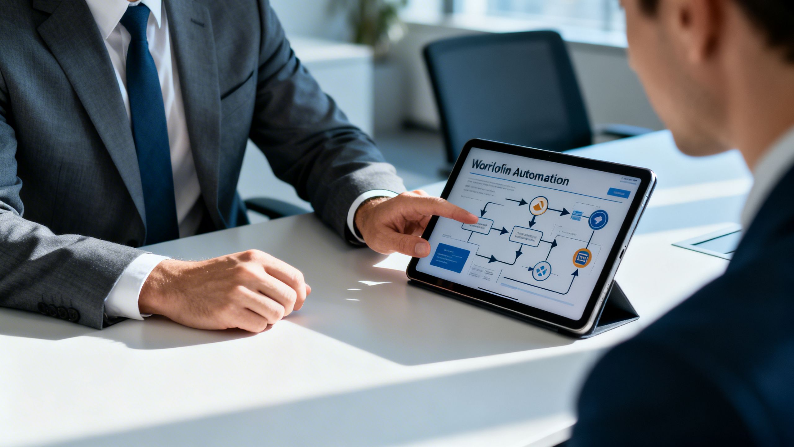 A business professional analyzing a workflow automation chart on a digital tablet