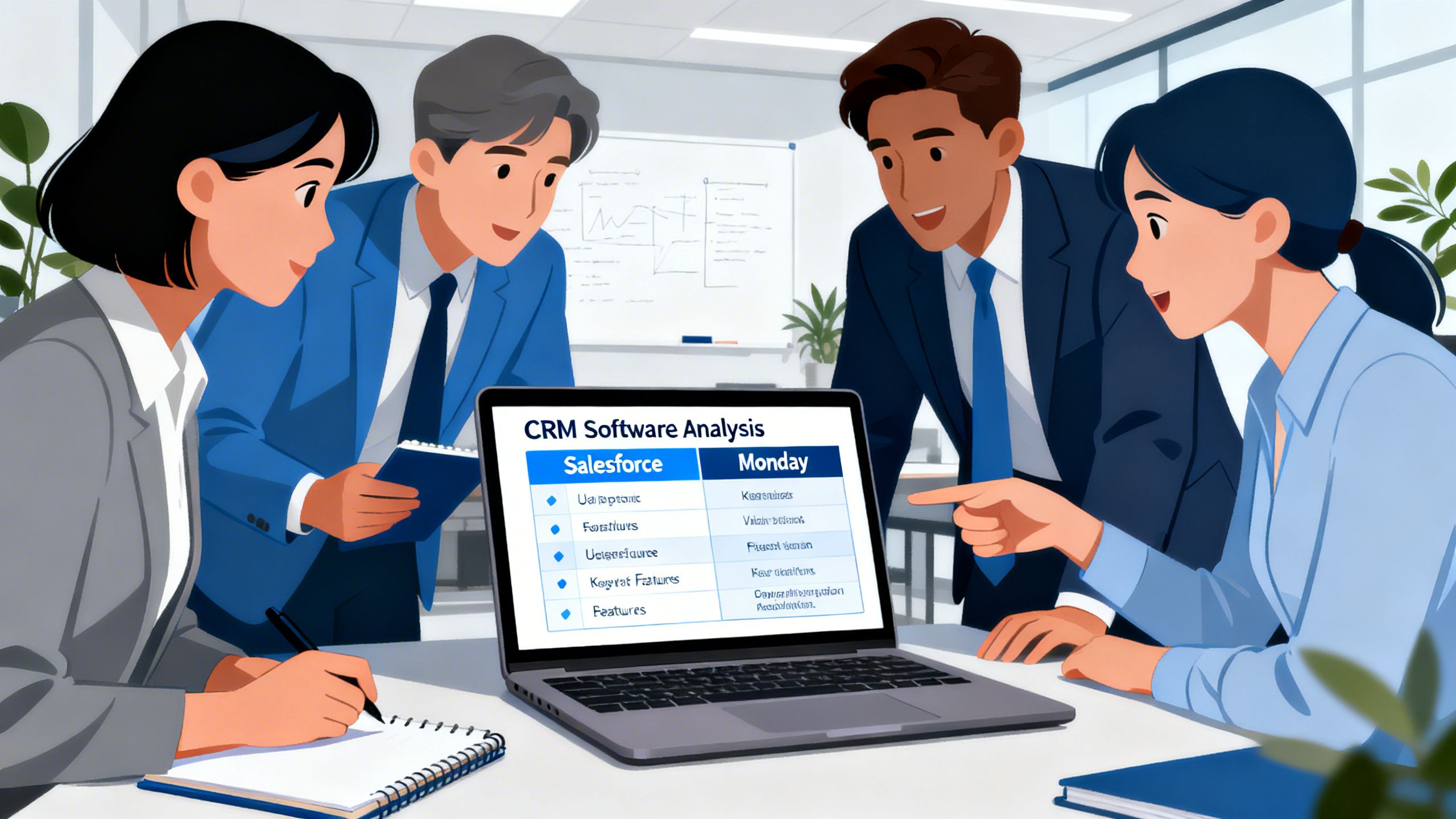 A business team collaborating around a laptop, comparing different CRM software options on a chart, illustrating a Salesforce vs Monday usability analysis