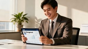 A business professional smiling while looking at a tablet, representing efficient task management with a CRM