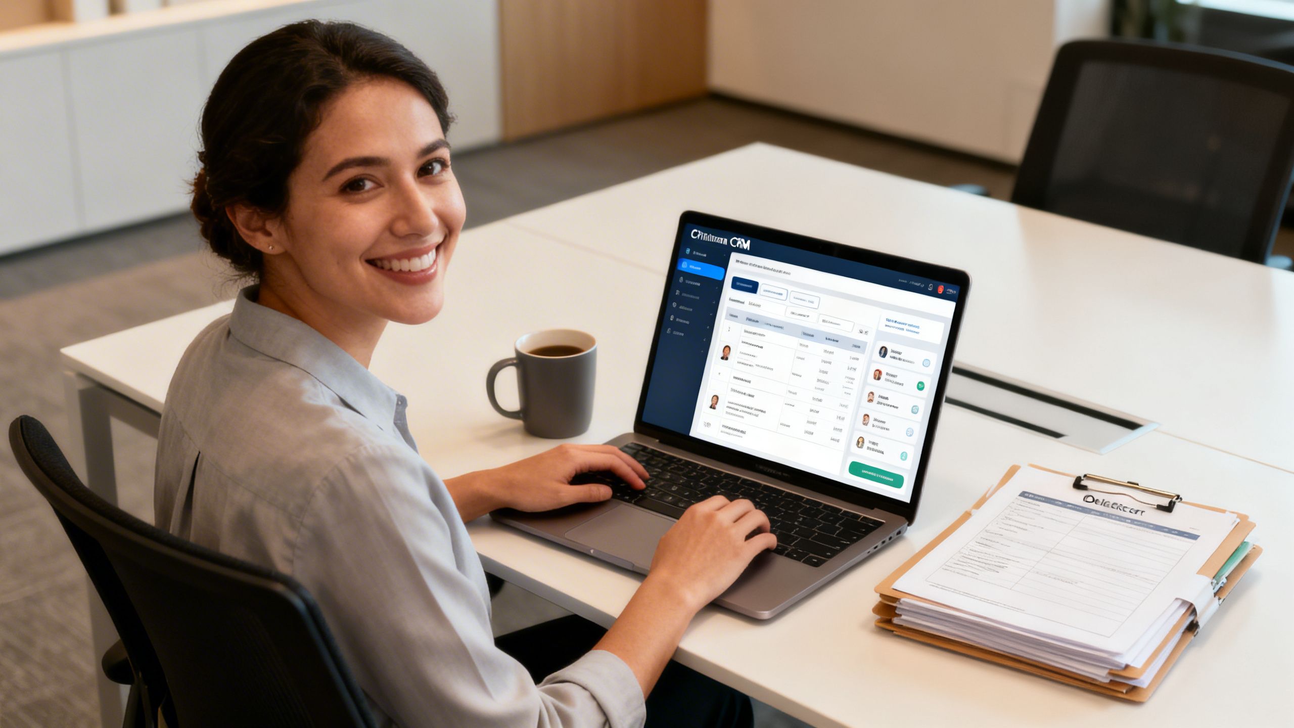 An insurance agent sitting at a modern desk, smiling while using a CRM on a laptop to organize client files and communications.