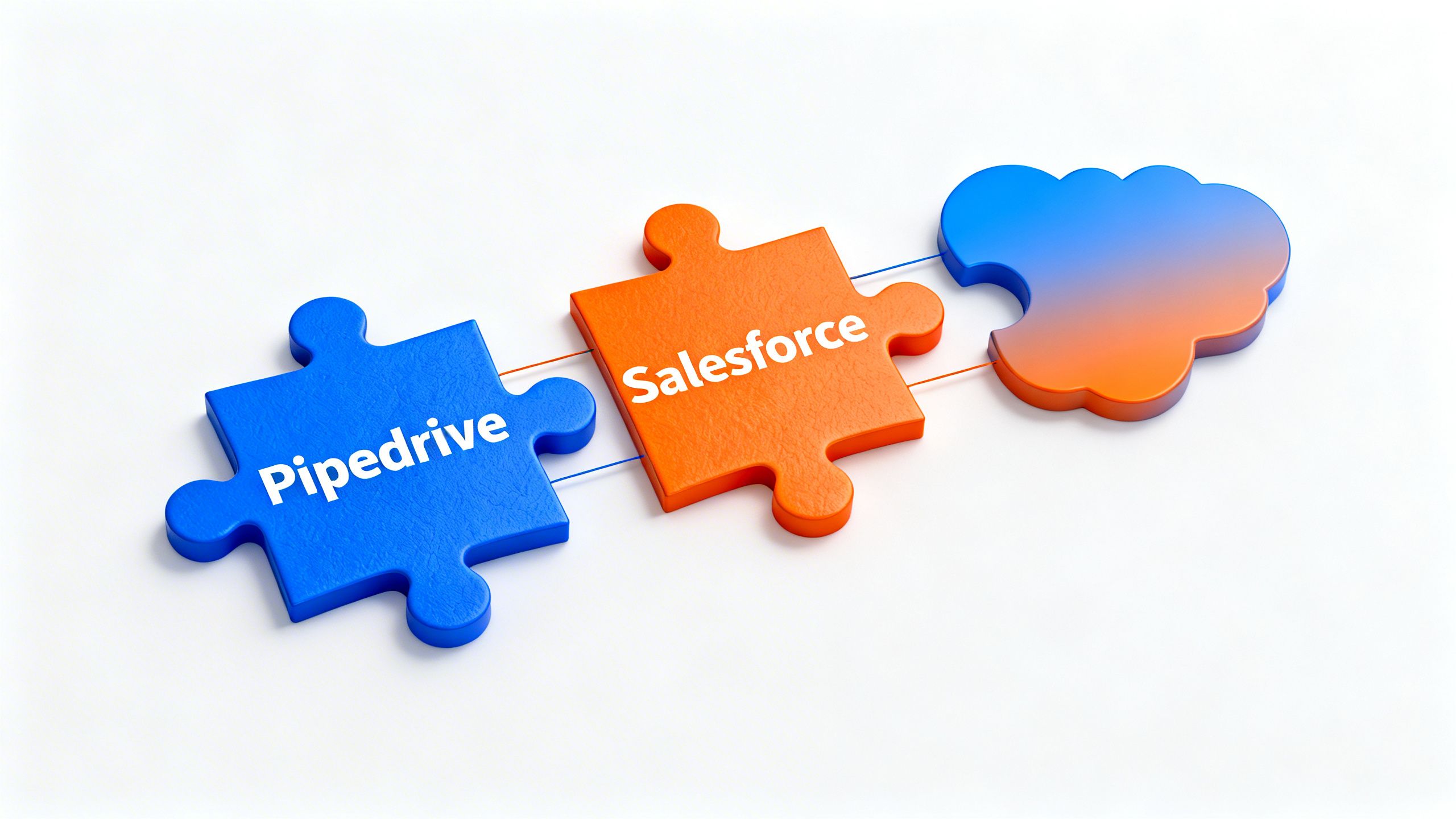 Conceptual art of three distinct puzzle pieces connecting, symbolizing a Pipedrive vs Salesforce integration comparison.