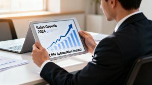 A business professional analyzing a sales growth chart on a tablet, representing the benefits of a sales automation crm