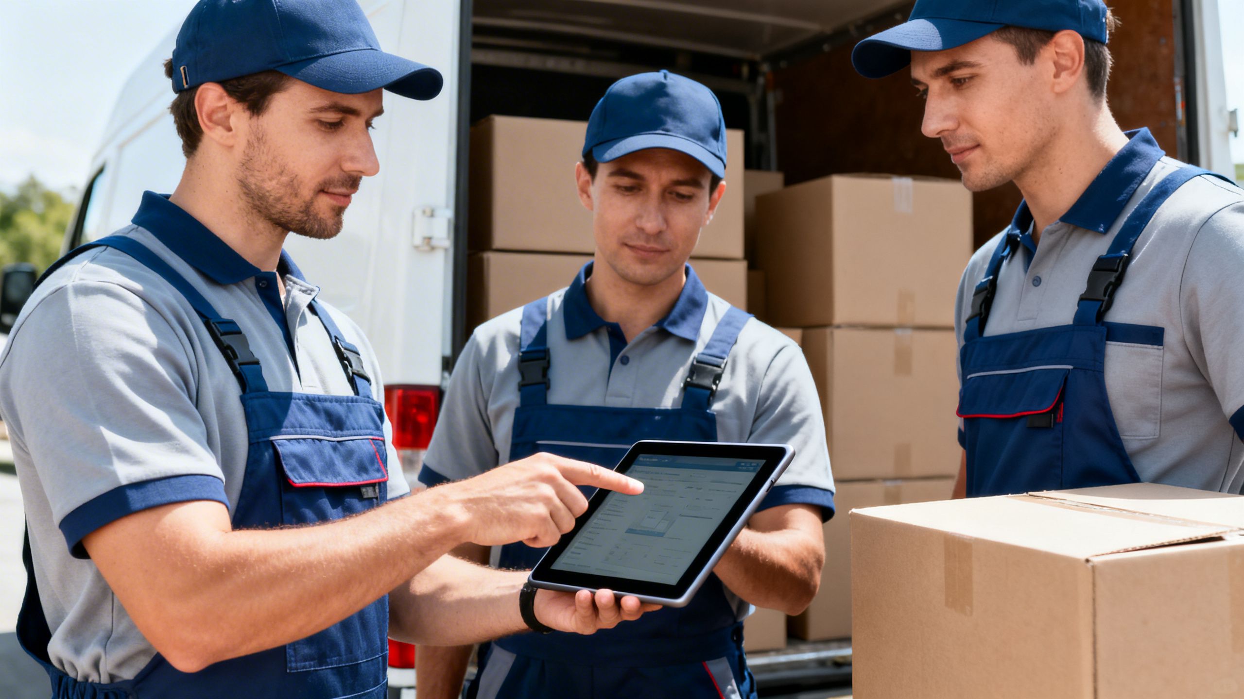 A team of movers coordinating a job on a tablet, with a moving truck in the background, representing an efficient moving company crm workflow.