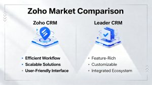 A sleek, modern graphic illustrating a Zoho market comparison, with Leader CRM shown as a streamlined and efficient choice for business growth.