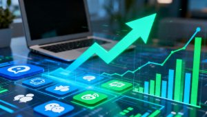 A conceptual image representing marketing agency growth with a rising arrow over digital icons and charts
