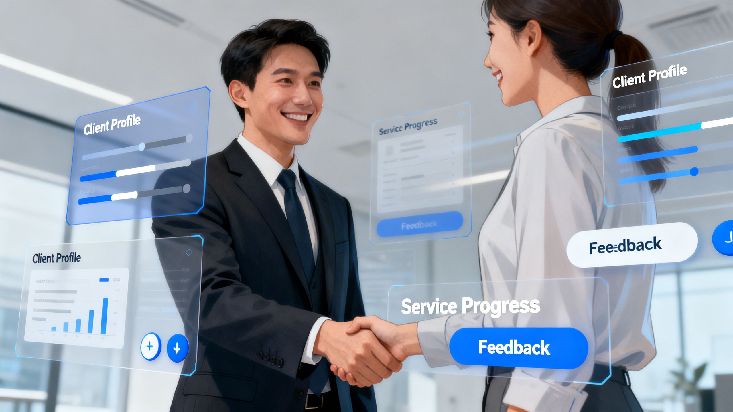 A professional consultant shaking hands with a client, with digital interface elements overlaid, representing a CRM for professional services.