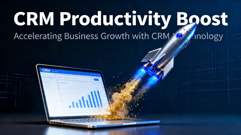 A conceptual image showing a rocket launching from a laptop screen, symbolizing a significant business productivity boost achieved through CRM technology.