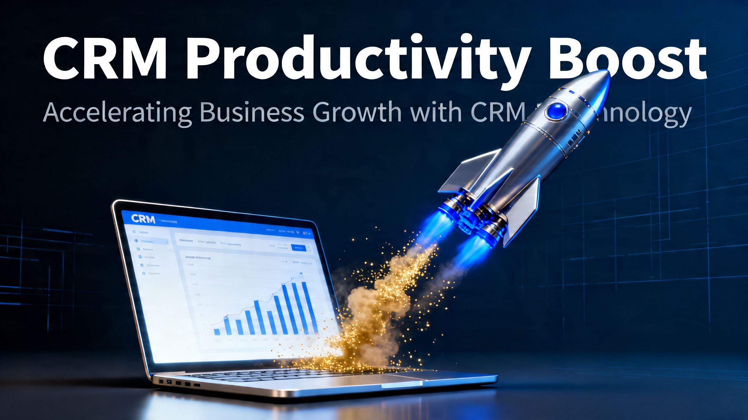 A conceptual image showing a rocket launching from a laptop screen, symbolizing a significant business productivity boost achieved through CRM technology.