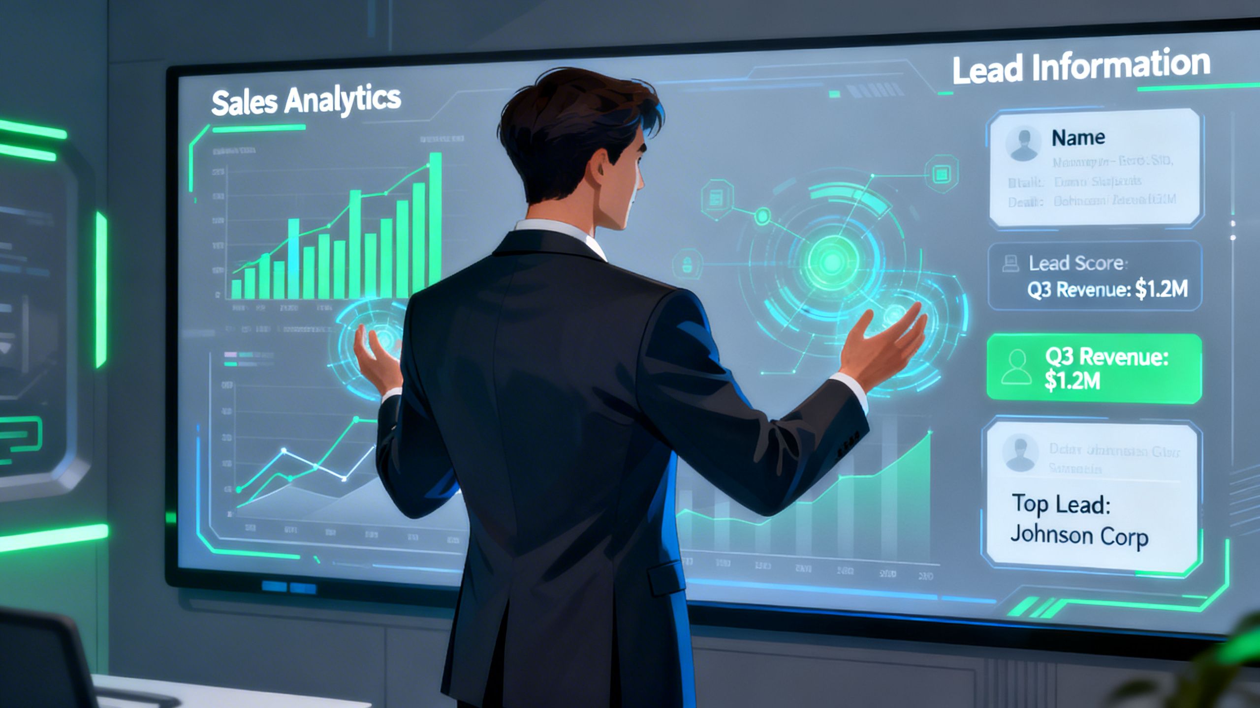 A conceptual image of a business professional interacting with an AI interface that displays sales analytics and lead information, symbolizing the power of an AI lead assistant.