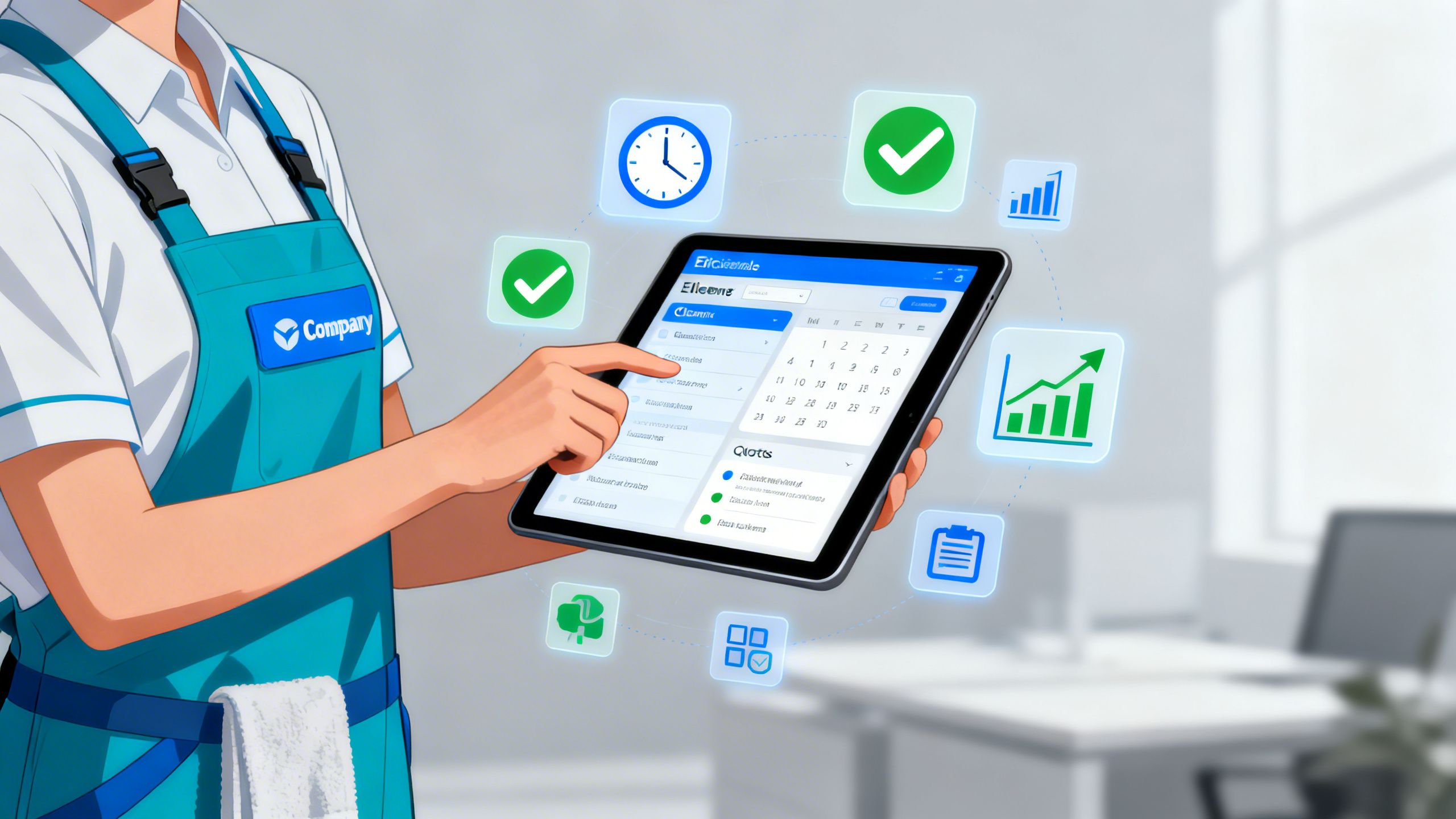 A professional in a cleaning company uniform uses a tablet to manage client schedules and quotes, with icons representing efficiency and growth.